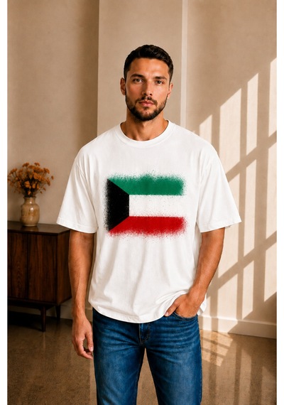 Sngl Tekstil Erkek Oversize Kuveyt Bayrak Baskılı Kısa Kollu Tişört S M L Xl 2xl Beyaz