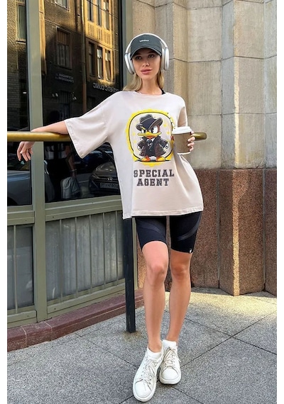 Uyguntarz Unisex Special Agent Baskılı Oversize Tshirt Bej