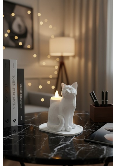 Siyah Kedi Biblo Led Mumluk Dekoratif Şık Ev Ofis Aksesuarı Masa Üstü Hediye
