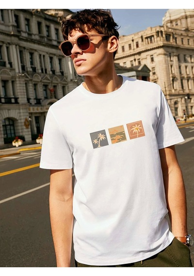 Oversize Unisex Palm Tree Tee Baskılı Bisiklet Yaka Beyaz T-shirt Beyaz