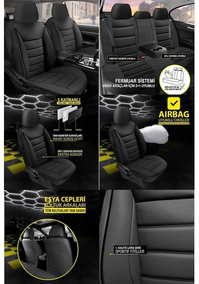 Peugeot 2008 Uyumlu Koltuk Kılıfı Jet Deri Siyah 1 Takım