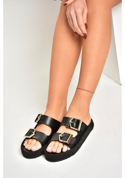 Fox Shoes U596030209 Siyah Kadın Terlik Siyah-suni Deri Siyah