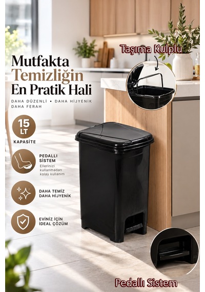 Porsima 0123-1 Slim Pedallı Çöp Kovası 15 Lt Siyah Taşıma Kulplu İç Kovalı, Mutfak Ve Banyo İçin Dar Alan Çöp Kovası