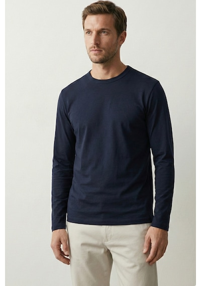 Elemge Pamuk Erkek Süprem Basic T-shirt Compact Penye Tok Kumaş Uzun Kollu Lacivert Sporcu Tişört Body 2XL