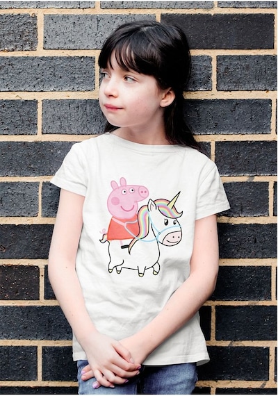 Sevbano Peppa Pig Unicorn Baskılı Unisex Çizgi Film Çocuk Tişört 1-12 Ya Beyaz