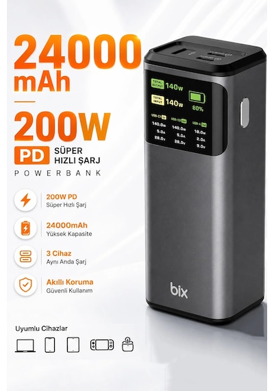Exenar - Siyah - 24000mah 200w Powerbank 140w Usb-c Çıkış Dijital Ekran 3 Port Laptop Telefon Taşınabilir Şarj Cihazı
