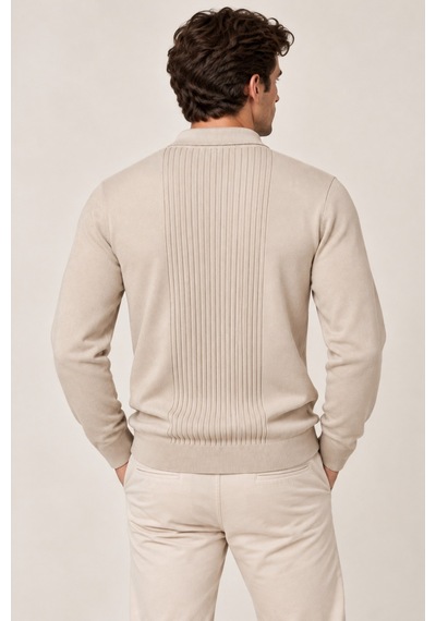 Erkek Polo Yaka Yarım Fermuarlı Önü Fitilli Slim Fit Akrilik Pamuk Triko Kazak Bej
