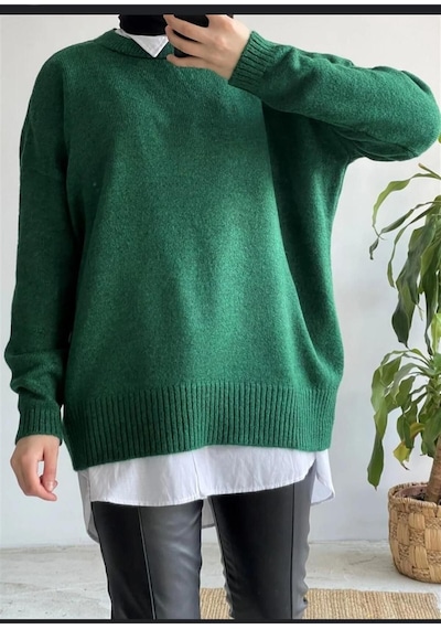 Kozia Outdoors Bisiklet Yaka Oversize Triko Kazak Yeşil
