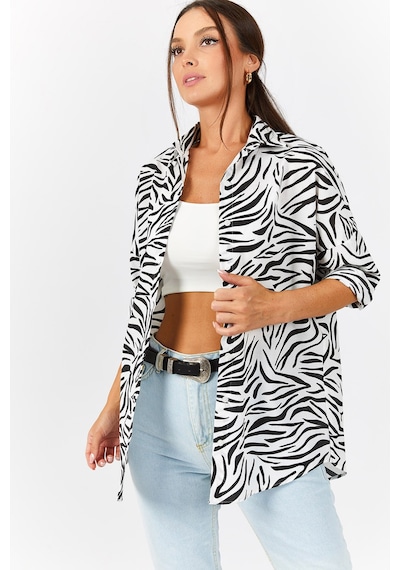 Armonika Kadın Siyah Zebra Desen Oversize Uzun Basic Gömlek Arm-22y001145