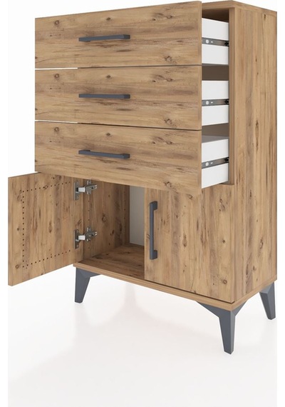 Arges Komodin 3 Çekmeceli 2 Kapaklı 60x30x96 Çam-çam Çam
