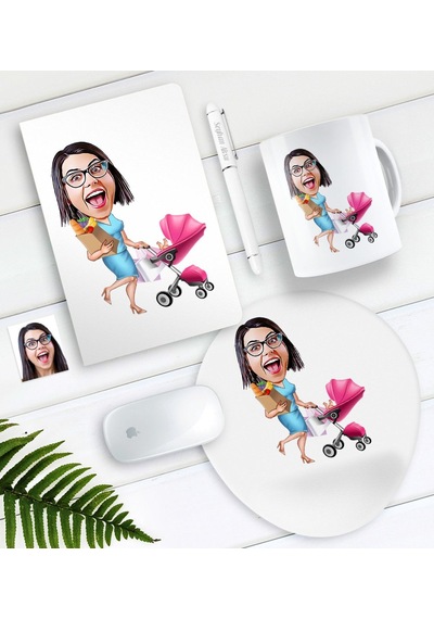 Kişiye Özel Ev Hanımı Karikatürlü Defter Kalem Kupa Mouse Pad Set