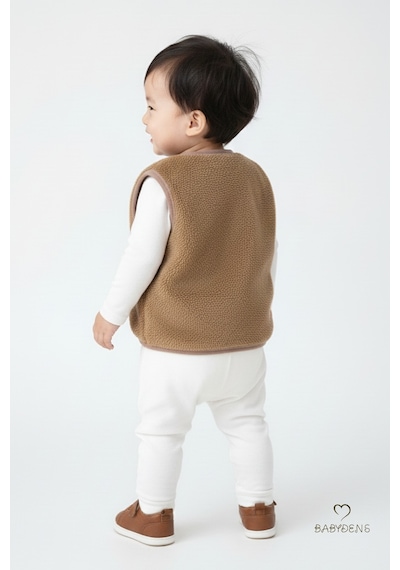 Babyden's Welsoft Erkek Bebek Çocuk Çıtçıtlı Yelek Ayıcık Armalı, Yumuşak Peluş Bebek Yeleği Kahverengi