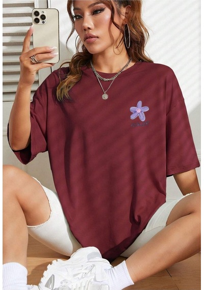 Flood Of Style Kadın Bordo Flower Baskılı Oversize