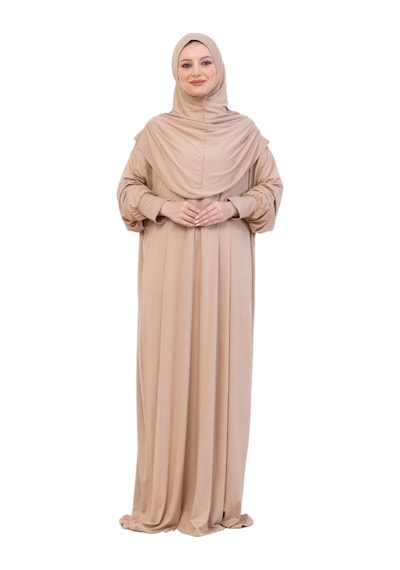 Modish Group Tek Parça Namaz Elbisesi Seti, Viskon Yumuşak Tesettür Abaya, Rahat Hazır Şal Başörtüsü Takım Koyu Vizon