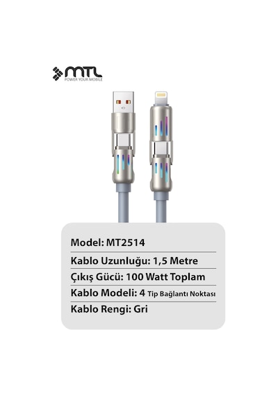 205w 4'ü 1 Arada Süper Hızlı Şarj Rgb Led Işıklı Çoklu Fonksiyonlu Silikon Kablo 1.5 Metre Mt2514