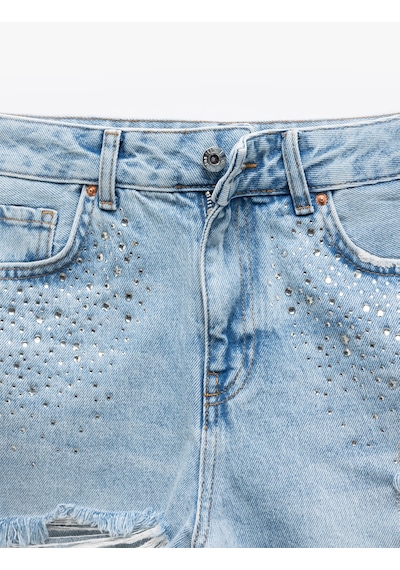 Koton Taşlı Yıpratılmış Düğmeli Cepli Mini Denim Şort Açık İndigo 5sal40071md Açık İndigo