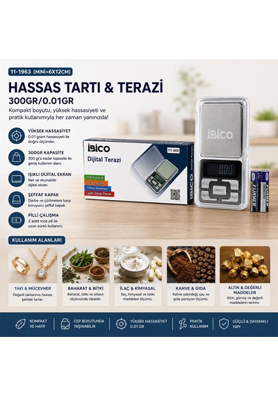 İbico İ11-008 Mini Hassas Tartı & Terazi 300g/0.01g Şeffaf Kapaklı & Pilli