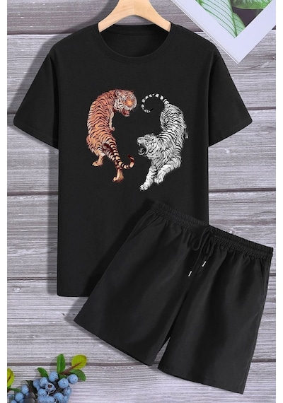 Uyguntarz Tiger Şort T-shirt Eşofman Takımı Siyah