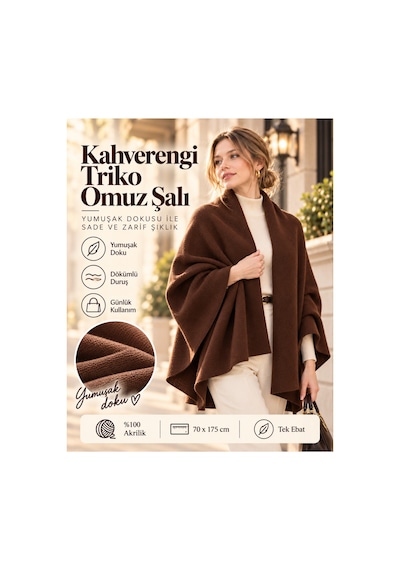 Comerciante Kahverengi Düz Triko Kadın Omuz Şalı Yumuşak Dokulu Kışlık Şal 70x175 Cm %100 Akrilik Kahverengi - 930337046 Kahverengi