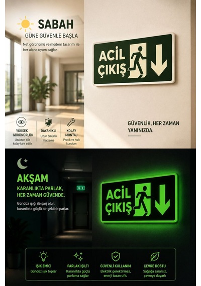 Acil Çıkış-acil Çıkış Aşağı Yön Tabelası 12x25 Cm Fotolümenli - Karanlıkta Parlayan Pvc
