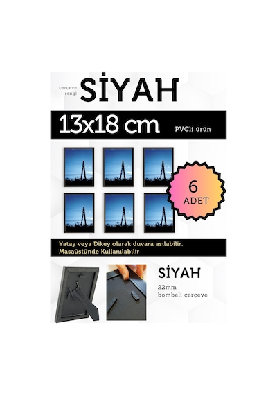 Siyah-6 Adet Pvc Li 13x18 Cm 22mm Bombeli Çerçeve Fotoğraf Resim Çerçevesi Ayaklı Veya Duvara Asma Yatay-dikey 92725318