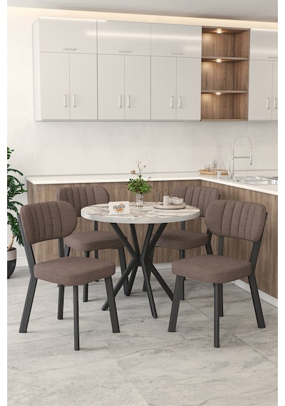 Gnr 90cm Sabit Efes Mutfak Masası Takımı, Yemek Masası, 4 Modern Kahverengi Sandalye Kahverengi