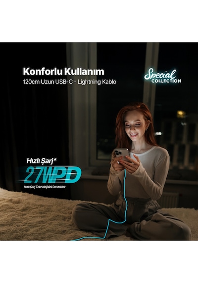 Ttec USB-C - Lightning Hızlı Şarj Kablosu 120 CM Neon Mavi