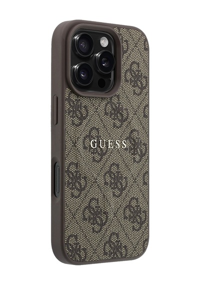 İphone 16 Pro Uyumlu Kılıf Guess Lisanslı M-safe Kabartmalı 4g Desenli Yazı Logolu Kapak Kahverengi