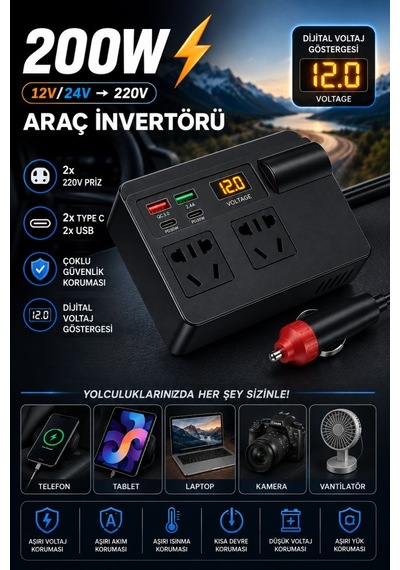 Polham 200w Araç İnvertörü 12v/24v 220v 2 Priz 2x Usb-c 2x Usb Qc 3.0 Dijital Ekranlı Şarj Güç Çoğaltıcı