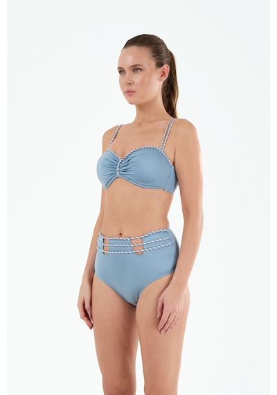 Louren Kadın Siyah/mavi Biye Detaylı Kaplı Telli Yüksek Bel Straplez Bikini Takımı Mavi