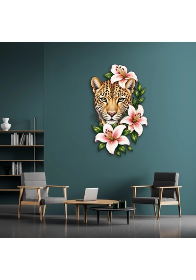 Çiçekli Leopar - Metal Tablo - Dec0185 31 X 50 Cm Çok Renkli