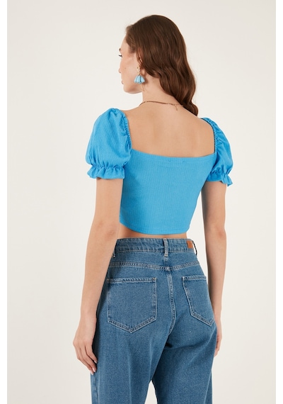 Lela Slim Fit Büzgü Detaylı Kalp Yaka Crop Bayan Bluz 5865601 Mavi