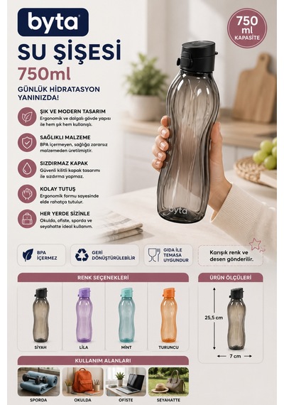 750 Ml Sızdırmaz Su Şişesi Matara Bpa İçermez Ergonomik Tasarım Spor Okul Ofis Seyahat Siyah
