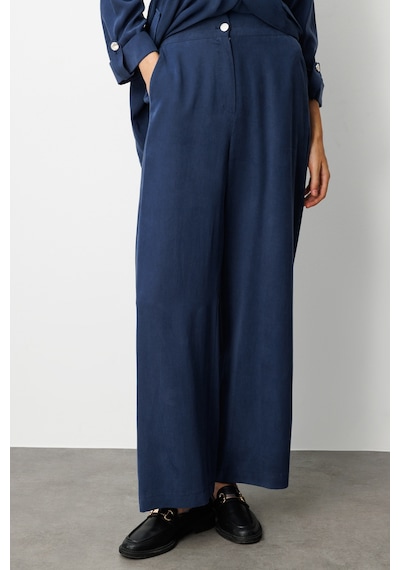 Mizalle Geniş Paça Beli Lastikli İndigo Mavi Cupro Pantolon Indigo