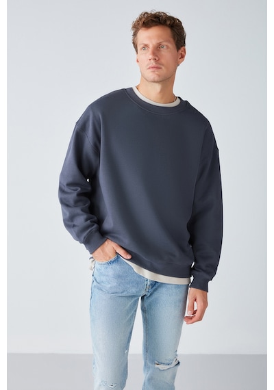 Grimelange Stephan Erkek Yumuşacık Kumaşlı Organik Pamuklu Oversize Fit Yuvarlak Yakalı Antrasit Sweatshirt