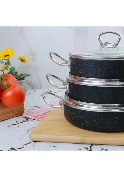Meşeler Granit Omlet Sahan Seti 3 Lü Siyah - İnox 18  x 20 x 22 CM