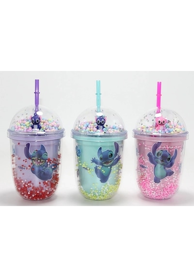 Stitch Figürlü Pipetli Kapaklı Kupa Bardak Alk5110 Çok Renkli