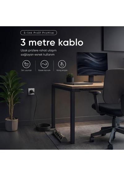 Prz01 Prizhive 3 Metre 1860 Joule 1.5mm 1 Usb 1 Typec 2.1a/5v 16a 250v 3680w 10lu Akım Korumalı Priz Diğer