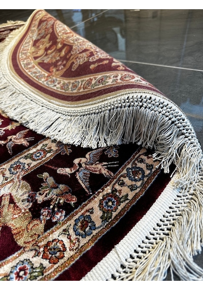 Orfe İpek Tuşeli Halı Salon Halısı, Oturma Odası Halısı, Antre Giriş Halısı Yuvarlak Bordo