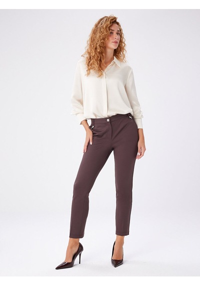 Faik Sönmez Metal Aksesuarlı Diagonal Dokulu Slim Fıt Örme Pantolon W27pnt018 Uw27pnt01830 Kahve