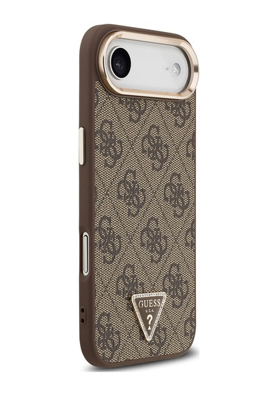 Apple Uyumlu iPhone 17 Air Kılıf Guess Lisanslı M-safe Şarjlı Gold Metal Kamera Çerçeveli Taşlı Üçgen Logo Kahve