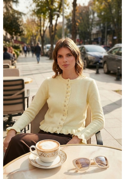 Lela Premium Pile Detaylı Regular Fit Yuvarlak Yaka Triko Bayan Hırka 680Hi00038 Sarı