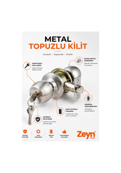 Metal Topuzlu Kapı Kilidi Anahtarlı Saten Gümüş Oda Ofis Kapı Kilit Mekanizması