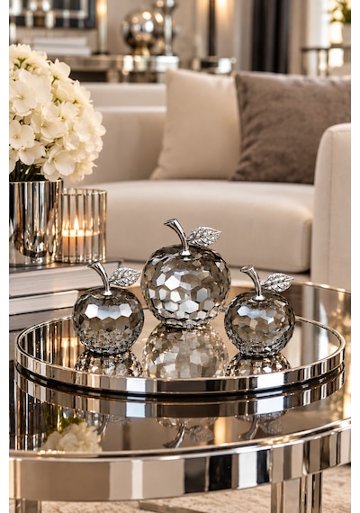 Modern 3 Lü Kristal Özel Kutulu Elma Model Süs Eşyası Obje Ev Aksesuar Gümüş