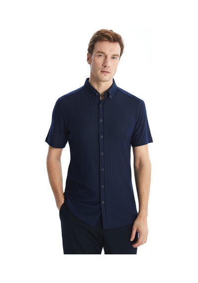 Lcwaıkıkı Classic Lacivert Regular Fit Kısa Kollu Desenli Poplin Erkek Gömlek