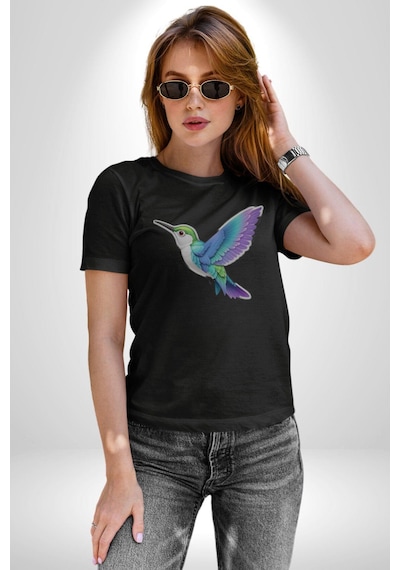 Sinek Kuşu Renkli Unisex Unisex Siyah Organik Baskılı T-shirt Penye Yüksek Kalite Siyah