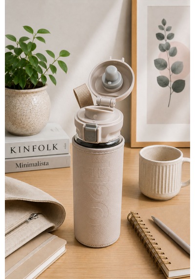 H2o Pastel Renk Kılıflı Kilit Kapaklı 500 Ml Cam Matara Sızdırmaz Ofis Ve Spor İçin Koruyucu Kılıflı Cam Suluk Bej