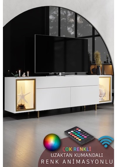 Zenith Gold Demir Ayaklı Rgb Led Işık Sistemli Beyaz Tv Ünitesi Tv Sehpası Beyaz - Altın Zenith Gold Demir Ayaklı Rgb Led Işık Sistemli Beyaz Tv Ünitesi Tv Sehpası Beyaz - Altın