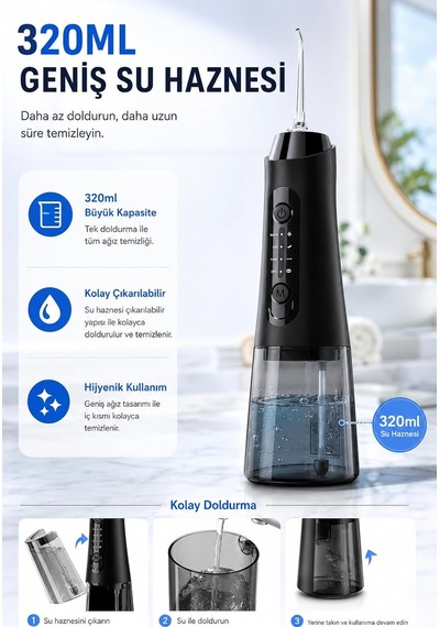 Auhma Amf11 Şarjlı Ağız Duşu 320ml Su Hazneli 4 Modlu Ipx7 Su Geçirmez Type-c Hızlı Şarjlı 5 Başlıklı Profe