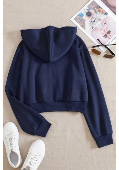 Cool Tarz Kadın Kapüşonlu Şardonlu Lacivert Renk Crop Sweatshirt Lacivert Lacivert